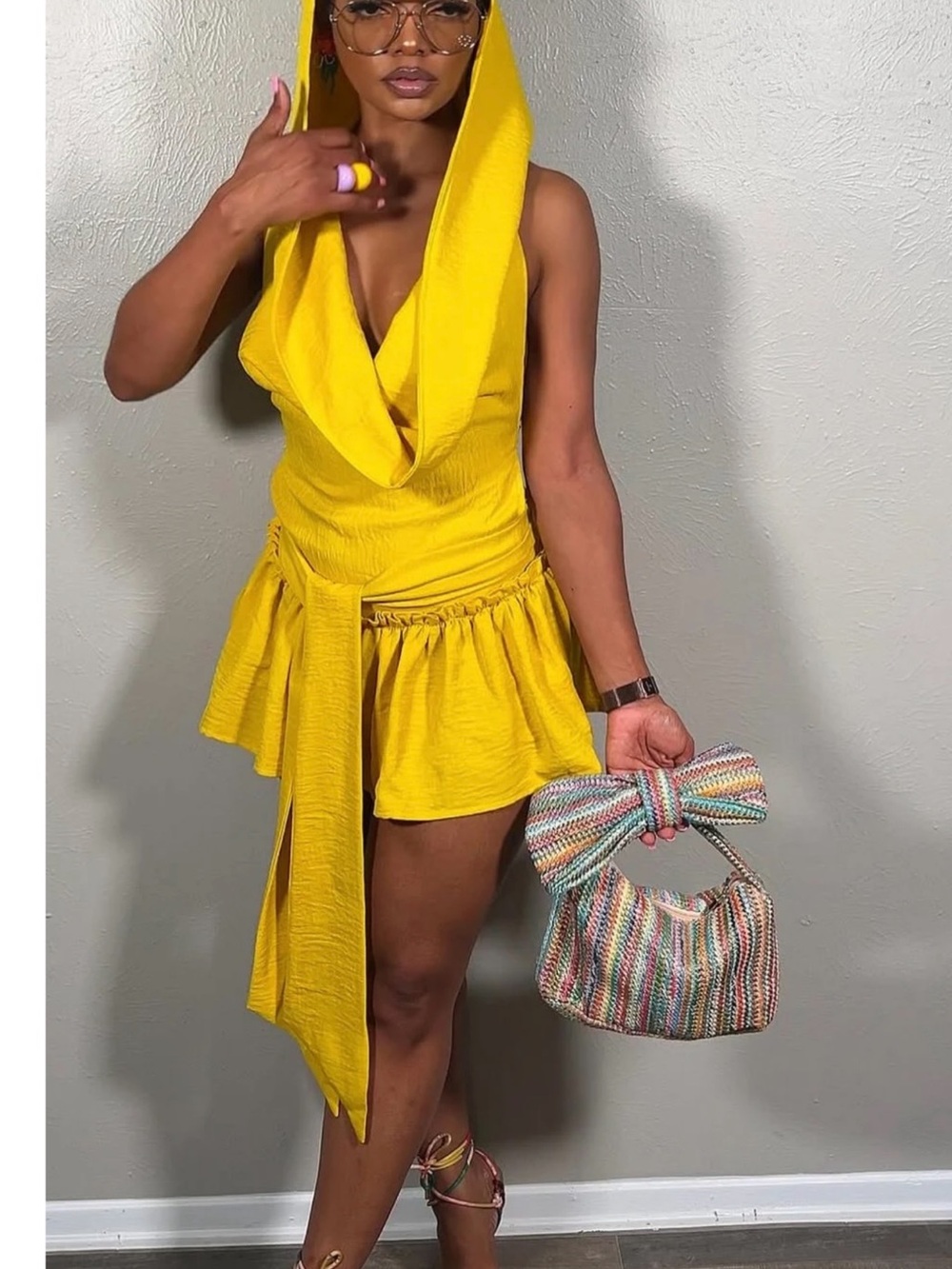 Yellow Hooded Ruffle Mini Dress - Women